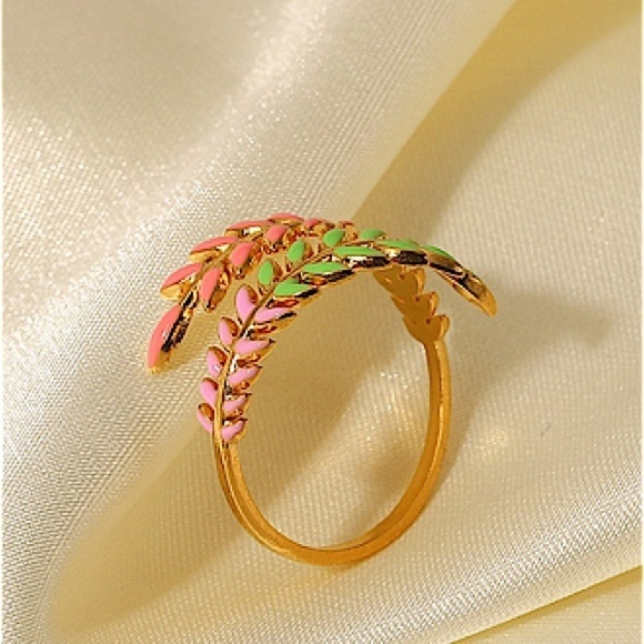 Gold Plated Leaf Design Multicolor Bangle Bracelet Ring Set - Picture 5 of 15